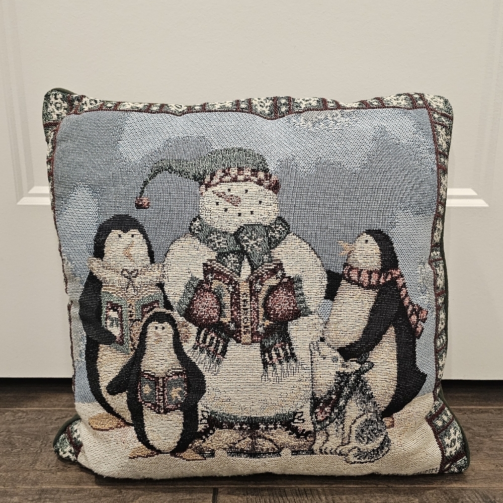 Vintage Debbie Mumm Tapestry Pillow with a Snowman, Pup, & Penguin Carolers